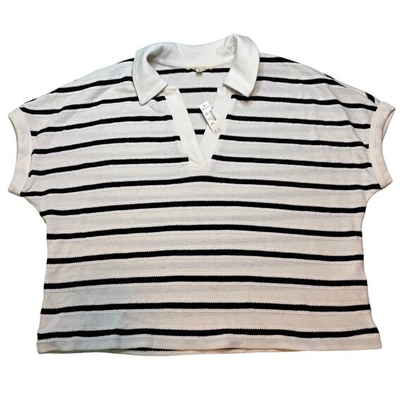 Madewell Relaxed V-Neck Polo Knit Top XS NWT Ivory Black Stripe Cotton - Picture 4 of 7